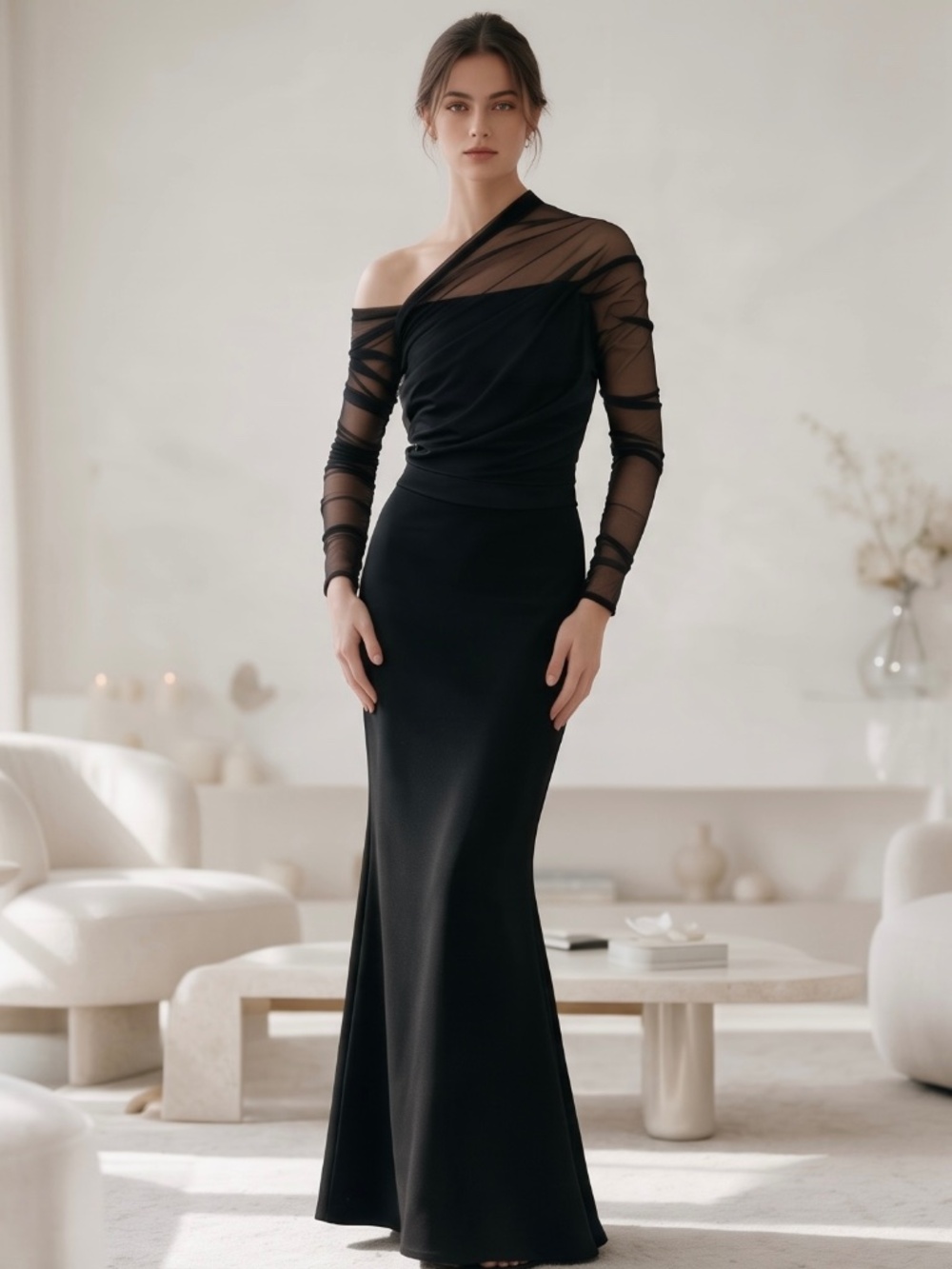 Marcella New York Monroe Black One-Shoulder Mesh-Sleeve Maxi Dress